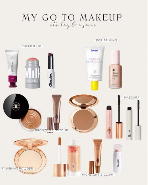 Charlotte Tilbury Makeup Looks Natural, Charlotte Tilbury Lip And Cheek Glow, Refy Makeup Aesthetic, It Girl Makeup Products, Glossier Future Dew, Future Dew, Charlotte Tilbury Contour Wand, Charlotte Tilbury Bronzer, Charlotte Tilbury Flawless Filter