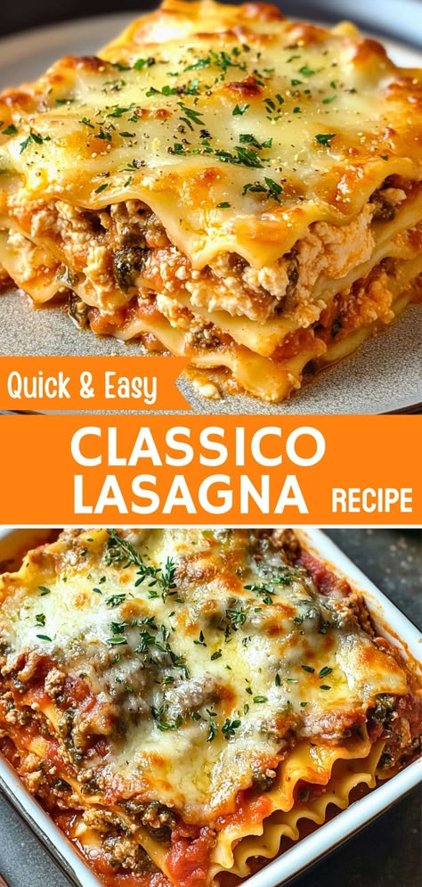 Make this Quick & Easy Classico Lasagna Recipe for a delicious family dinner! With layers of pasta, rich meat sauce, and creamy cheese, it's a comforting and satisfying meal. Perfect for busy weeknights, this lasagna is simple to prepare and sure to impress. Serve it with a salad or garlic bread for a complete meal idea your loved ones will enjoy! Lasagna Recipe With Cooked Noodles, Easy Lasagna Recipes Ground Beef, Pork And Beef Lasagna Recipe, Lasagna Recipe Classic, Lasagna Recipe With Ricotta 8x8, Meat Lasagna Recipe Easy Ground Beef, Lazy Beef Lasagna, Recipe For Lasagna Easy, Homemade Lasagna Recipe With Ricotta