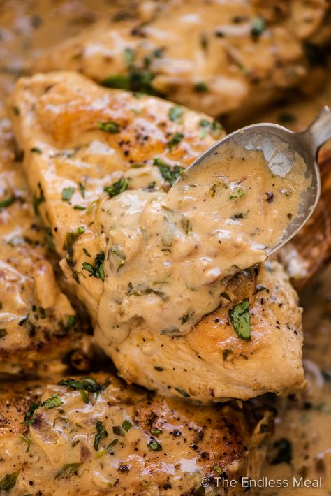 This quick, easy, and creamy tarragon chicken is the perfect weeknight dinner that feels fancy, without the fuss. The chicken is seared then simmered to tender perfection in a delicate French-inspired tarragon cream sauce. It's a simple yet elegant one-pot dish that's ready in under 30 minutes! #theendlessmeal #tarragonchicken #tarragon #chicken #frenchcooking #frenchchicken #frenchrecipes #spring #springrecipes Tarragon Cream Sauce, Pumpkin Pasta Bake, Chicken Main Course, Tarragon Recipes, London Broil Recipes, Fancy Lunches, Tarragon Chicken, One Pot Dishes, Chicken Main Dishes