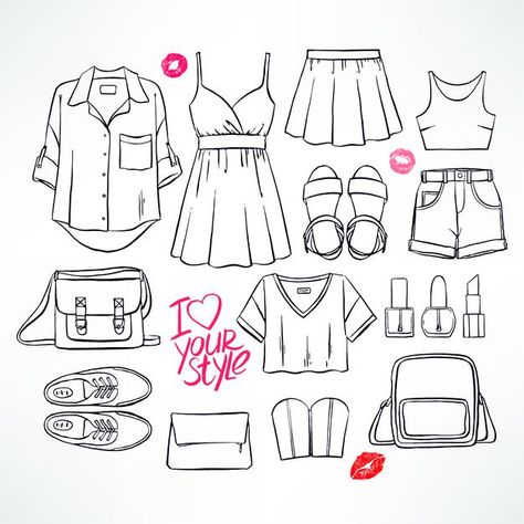 Set with various women's summer clothing... | Premium Vector #Freepik #vector #summer #woman #fashion #girl Summer Outfits Drawing Reference, Clothing Stamp, Vector Clothes, Boulet Journal, Summer Drawings, Clothes Shirt, Shirt Drawing, Art Outfits, Fashion Drawing Tutorial