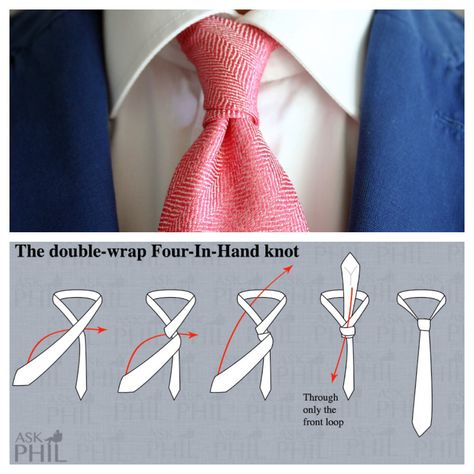 How to tie the double-wrap four in hand knot. Stay sharp fellas. Mens Dress Attire, Four In Hand Knot, Simpul Dasi, Fancy Tie, Top Watches For Men, Tie A Necktie, Classic Mens Hairstyles, Neck Tie Knots, Mens Business Casual Outfits