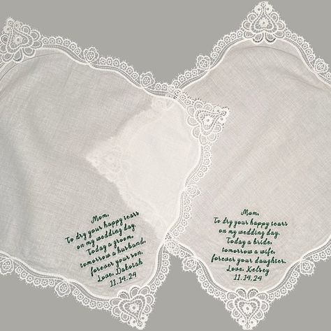 Wedding season is here; embroidered handkerchiefs make the sweetest gift 💗🤍💖 #raleighembroidery #weddinggift #motherofthebride #motherofthegroom #embroideredhandkerchief Embroidered Cotton Handkerchiefs For Weddings, Wedding Embroidered Cream Handkerchiefs, Vintage Embroidered Wedding Handkerchiefs, White Embroidered Text Handkerchief Wedding Gift, Embroidered Handkerchief Wedding, Embroidered Handkerchief, Sweet Gifts, Mother Of The Groom, Wedding Season