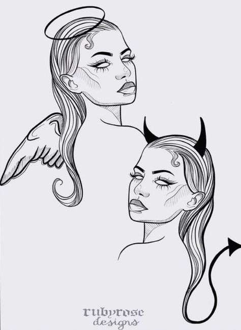 Gemini Woman Tattoo, Angel Devil Tattoo, Tattoo 2024, Devil Tattoo, Demon Tattoo, Tattoo Outline Drawing, Gemini Tattoo, Tattoo Stencil Outline, Tattoo Style Drawings