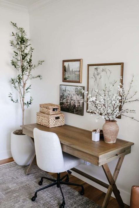 Stylish and Affordable Home Office Decor Ideas Dining Room Office Combo Ideas, Room And Office Combo Ideas, Boho Office Space Workspaces, Affordable Office Decor, Dining Room Office Combo, Women Home Office Ideas, Minimal Home Office, Ikea Home Office, Home Office Decor Ideas