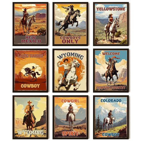 PRICES MAY VARY. RETRO WESTERN DECOR: This Western art blends the earthy color palette and the rustic style of the antique cowboy, which will bring the wild soul of the Western alive right in your room VINTAGE WESTERN DECOR FOR HOME: This cowboy rustic decor is a bold and intriguing artwork which can create a fierce look to your Western home. SET INCLUDES: You'll will receive 9pcs Western posters 8"x10" and a plenty of glue dots so you can hang this cowboy painting without buying frame. TERRIFIC Cowgirl Room Decor, Bedroom Western, Western Pictures, Cowgirl Room, Cowboy Decor, Western Wall Decor, Decor Western, Western Wall, Wall Decor For Bedroom