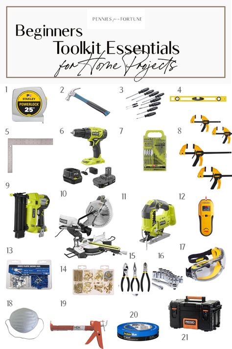 Beginners Toolkit Essentials for DIY Projects - Pennies for a Fortune Tool Kit Essentials, Carpentry For Beginners, Beginner Carpentry, Woodwork Tips, Carpentry Ideas, Redoing Furniture, Design Toolkit, Woodworking Tools List, Basic Tool Kit