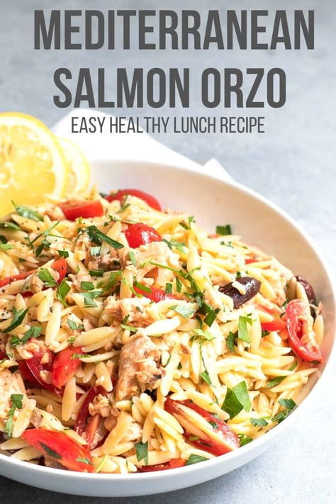 Salmon Orzo Recipe Healthy, Salmon Orzo Bowl, Canned Salmon Salad Recipes Healthy, Canned Salmon Lunch Recipes, Salmon Salad Recipes Healthy, Food Abundance, Salmon Orzo, Canned Salmon Salad, Meatless Entrees