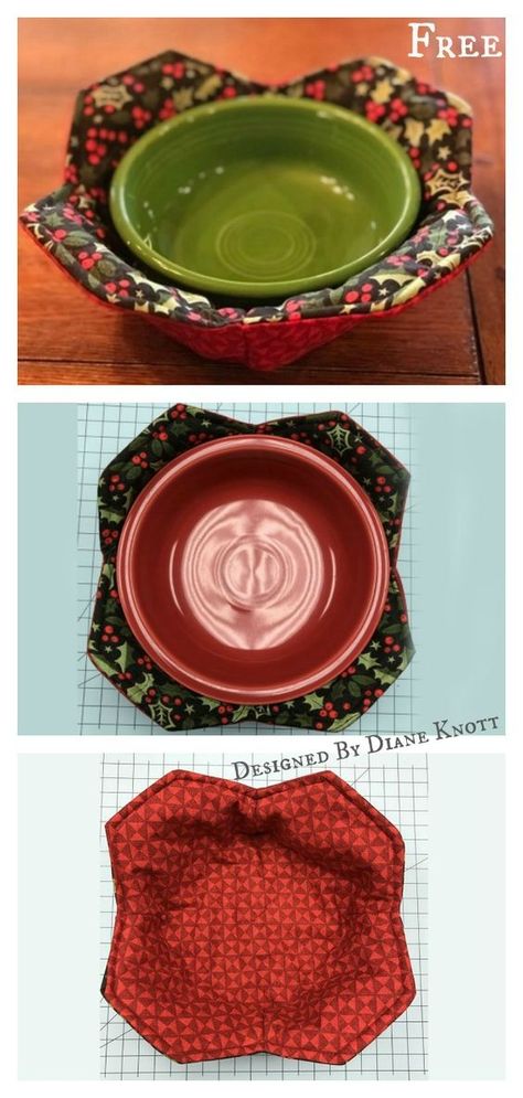 Microwave Bowl Potholder Free Sewing Pattern Trees Fabric, Sewing Projects Free, Folded Fabric Ornaments, Potholder Patterns, Fabric Christmas Ornaments Diy, Fabric Sewing Patterns, Bowl Cozy, Fabric Bowls, Microwave Bowls