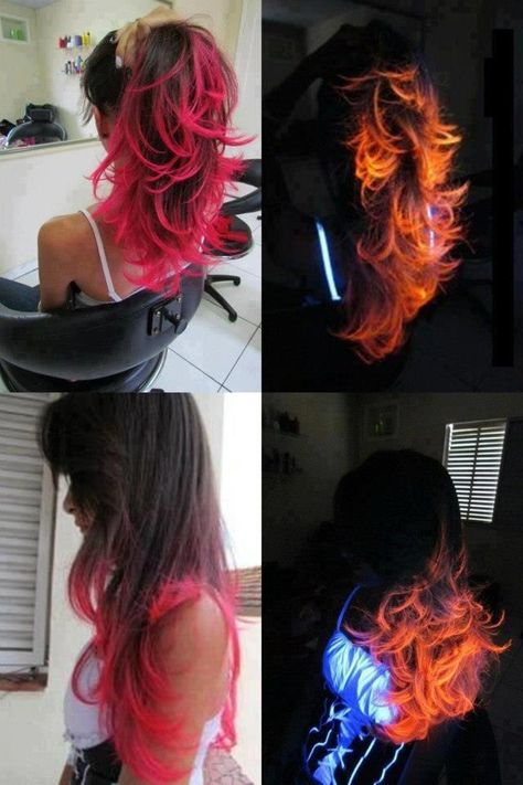 Hot pink/ Red hair dye to tips - glows like fire in a black light.  I WANT THIS. Dark Hair Dye, Dark Ombre Hair, Fire Hair, Neon Hair, Bright Red Hair, Awesome Hair, Glow Party, Dye My Hair, Colorful Hair