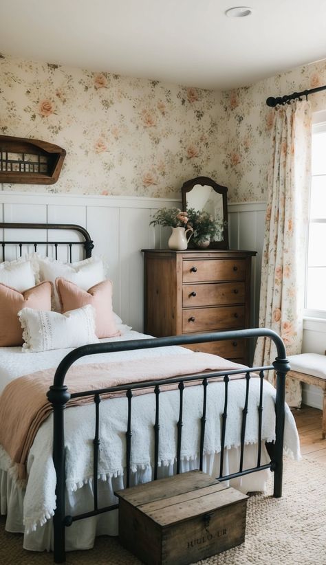 22 Inspiring Country Farmhouse Bedroom Ideas for Cozy Spaces Cute Farmhouse Bedroom Ideas, Farm Guest Room, Old Country Bedroom Ideas, Aztec Bedroom Ideas Farmhouse, Vintage Quilt Bedroom Decorating Ideas, Farmhouse Vintage Bedroom, Girly Farmhouse Bedroom, Farmhouse Spare Bedroom Ideas, Old Farmhouse Bedroom Ideas