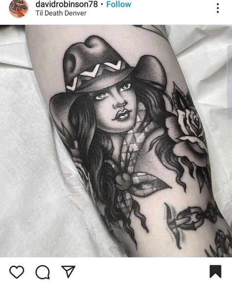 Realistic Cowgirl Tattoo, Western Woman Tattoo, Leg Tattoos Women Western, Outlaw Tattoo For Women, Johnny Cash Tattoo Traditional, American Traditional Cowgirl Tattoo, Cowgirl Pinup Tattoo, American Traditional Cowgirl, Cowgirl Tattoos Traditional