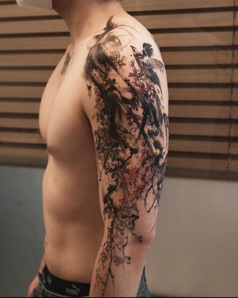 Anime Shoulder Tattoo Men, Arm Layout For Tattoo, Anime Shoulder Tattoo, Neck Sleeve Tattoo, Symmetrical Tattoos, Splatter Tattoo, Paintbrush Tattoo, Red Flower Tattoos, Dragon Tattoo Arm