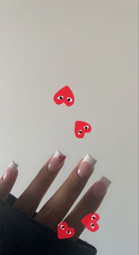 French Tip Nails With Love Heart, Nail Designs Basic Simple, Acrylic Nails Basic Designs, Cdg Heart Nails French Tip, Cdg French Tip Nails, Cute Basic Nails Acrylic Coffin, Short Acrylic Nail Designs For Summer French Tips, Summer Acrylic Nails Medium Length, Short Square Acrylic Nails French Tips With Design