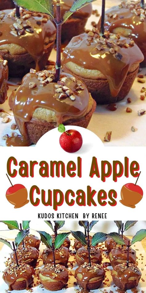 Caramel Apple Cupcakes are my fun and delicious take on apples growing on a tree, complete with a stem, leaves, and (in a perfect world) a thick caramel coating. #cupcakes #fallcupcakes #applecupcakes #caramelapplecupcakes #caramelcupcakes #taffyapplecupcakes #kudoskitchenrecipes Apple Cupcakes Recipe, Apple Spice Cupcakes, Bunt Cake Recipe, Caramel Apple Cupcakes, Taffy Apple, Caramel Apple Spice, Apple Cupcakes, Muffins Recipes, In A Perfect World