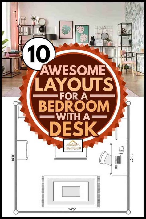 Master Bedrooms With Desk Layout, How To Arrange A Large Bedroom, Office Guest Room Layout Ideas, Bedroom With Desk Ideas Layout, Master With Desk, Rug Under Desk In Bedroom, Small Bedroom Workspace Layout, Small Desk Ideas Master Bedrooms, Computer In Bedroom Ideas