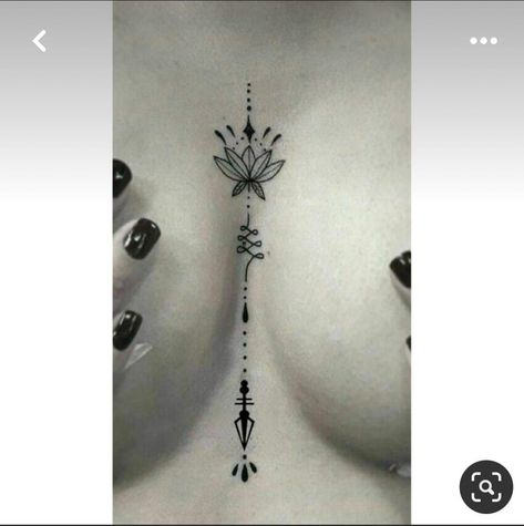 Unalome Tattoo Ideas, Sternum Tattoo Design, Hidden Tattoos, Unalome Tattoo, Chest Tattoos For Women, Geniale Tattoos, Sternum Tattoo, Small Hand Tattoos, Tattoo Feminina