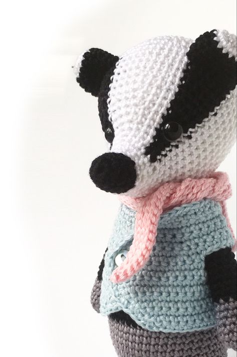 Amigurumi Badger in Blue Vest - Crochet Pattern, Softie, Plush Badger Crochet Pattern, Crochet Badger, Badger Pattern, Crochet Taxidermy, Crochet Turtle Pattern, Crochet Chain Stitch, Crochet Dragon Pattern, Single Crochet Decrease, Crochet Decrease