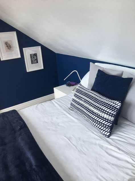 Blue And White Attic Bedroom, White Attic Bedroom, Eaves Bedroom, White Attic, Sloped Ceiling Bedroom, Blue And White Bedroom, Greek Blue, Attic Room, White Bedroom Furniture