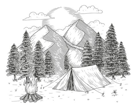 A sketch of a camping scene with a tent ... | Premium Vector #Freepik #vector #campfire #bonfire #camping-illustration #adventure-badge Tent Camping Drawing, Camp Sketch, Camping Sketch, Campfire Drawing, Tent Drawing, Concept Tattoo, Camping Illustration, Camping Drawing, Camping Coloring Pages