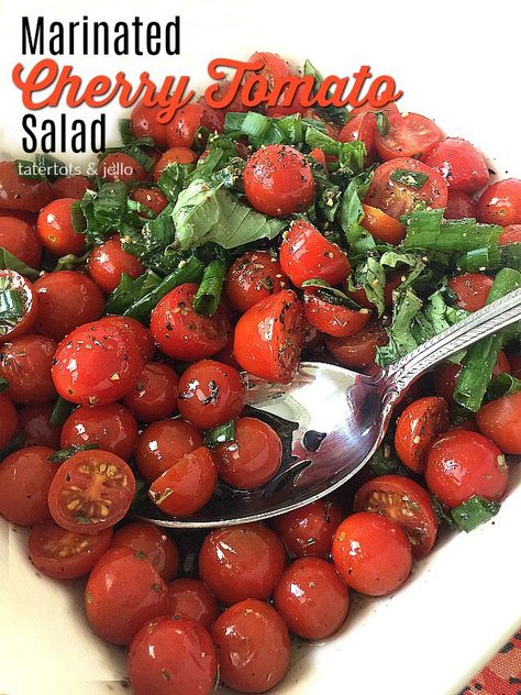 Easy Marinated Cherry Tomato Salad Recipe Marinated Tomato Salad, Marinated Salad, Healthy Potluck, Spring Potato, Tomato Salad Recipe, Salad Tomato, Cherry Tomato Salad, Cherry Tomato Recipes, Marinated Tomatoes