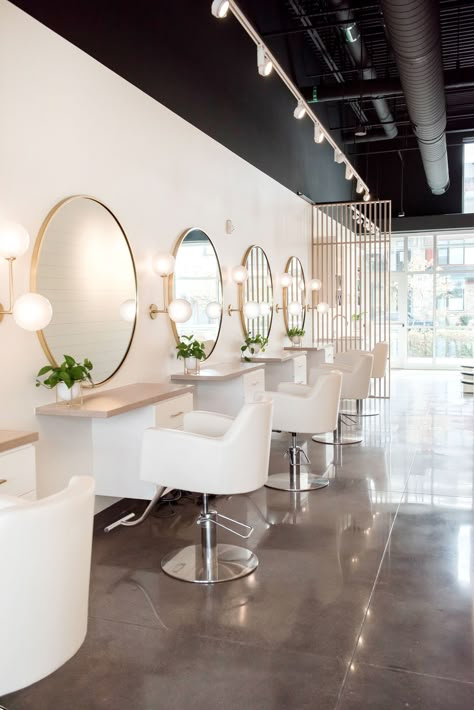 Hair Salon Interior Design Aesthetic, Beige Hair Salon Decor, Salon With Windows, Light And Airy Hair Salon, White Hair Salon Interior Design, Coastal Hair Salon Decor, Hair Salon Modern Interior Design, Trendy Hair Salon Interior, Hair Salon Inspo Modern