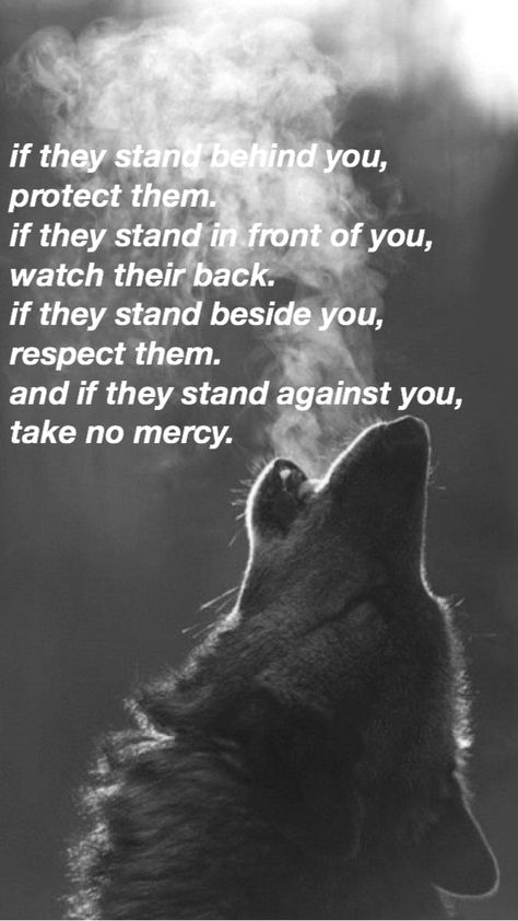 if they stand behind you, protect them. if they stand in front of you, watch their back. if they stand beside you, respect them. and if they stand against you, show them no mercy. Protect Those Who Stand Behind You Quotes, If They Stand Behind You Protect Them Quote, If They Stand Behind You Protect Them, No Mercy Quotes, No Mercy Wallpaper, Wolf Poem, Wolf Pack Quotes, Wolf Quote, Mercy Quotes