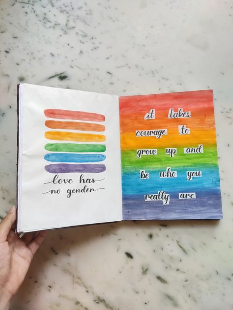 To celebrate the pride Month I made an rainbow themed art journal spread. It's for LGBTQIA+ community. Watercolor journal. Calligraphy journal. Prideart. Flower Doodling, Pride Journal, Calligraphy Journal, Journal Calligraphy, Small Diary, Mini Art Journal, Abstract Painting Diy, Background Pastel, Journal Therapy