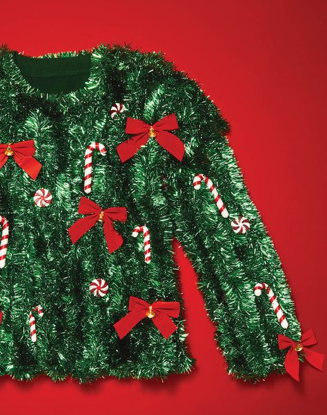 DIY Ugly Christmas Sweaters — Good Housekeeping Diy Christmas Outfit, Ugly Christmas Sweater Outfit, Candy Cane Ornaments, Diy Christmas Sweater, Christmas Sweater Outfits, Diy Cardigan, Green Tinsel, Ugly Sweater Diy, Diy Ugly Christmas Sweater