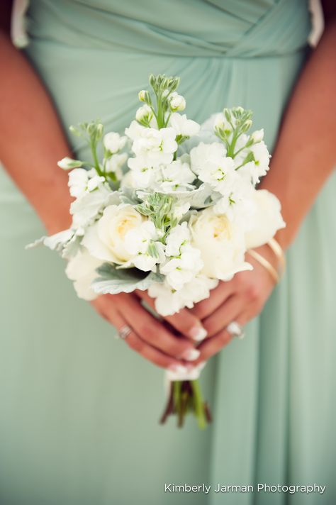 Bridesmaids BQTS--- 3 white stock, 2 slight peach roses, lambs ear. Simple Bridesmaid Bouquets, Purple Bridesmaid Bouquets, Small Bridesmaid Bouquets, Small Wedding Bouquets, Purple Flower Girl Dress, Bridesmaid Bouquet White, Wedding Mint Green, Boda Mexicana, Mint Wedding