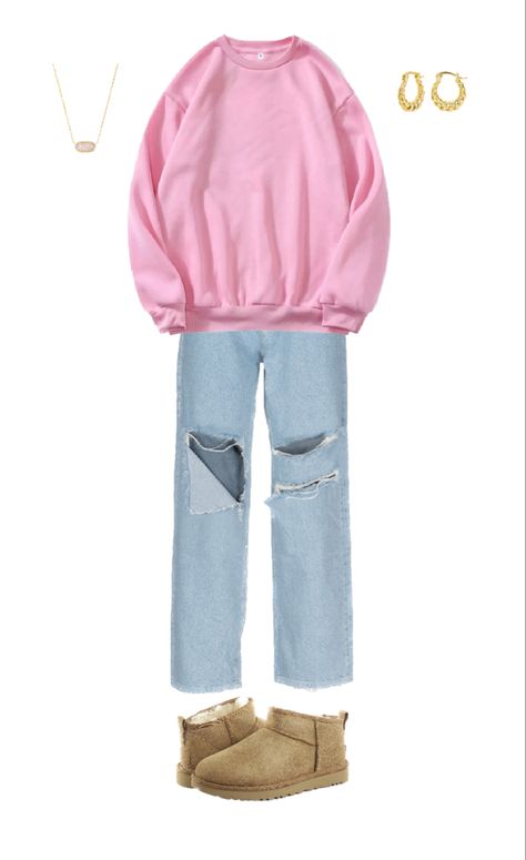 Pink Crew Neck Outfit, Light Pink Crewneck Outfit, Crewneck Outfit Winter, Pink Crewneck Outfit, Crewneck With Jeans, Pink Uggs Outfit, Aesthetic Uggs, Pink Hoodie Outfit, Crew Neck Outfit