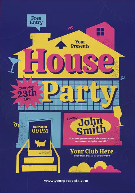 House Party Flyer Template. 1 PSD & 1 AI Files (Requirements Adobe CS5+). Flyer Size A4 (8.27x11.69 In) + Bleed Area CMYK @ 300 DPI - Ready to print. Editable Text, images & color. Well Organised Layer. House Party Flyer, Mexican Graphic Design, Event Poster Design Inspiration, House Party Invitation, Party Design Poster, Event Poster Template, Flyer Size, Party Flyer Template, Invitation Flyer