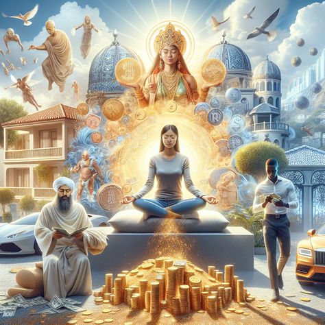 Unveil our AI-curated image, encapsulating the essence of wealth manifestation. Witness a serene figure meditating amidst a cascade of gold coins, high-end cars, and opulent properties. Bright, airy, positively radiant. For more information, visit our link. 

#WealthManifestation #LawOfAttraction #LuxuryLife #AbundanceMindset #WealthVisualization #ProsperityMeditation Wealth Manifestation, High End Cars, Manifesting Wealth, Gold Money, Abundance Mindset, Attract Wealth, Practice Gratitude, Inspirational Art, Limiting Beliefs