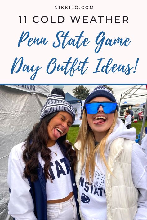 Today, I’m sharing 11 Penn State inspired game day outfits perfect to wear during cold weather months. There are so many ways to look stylish for game day using pieces like flannels, puffy coats, vests, beanies, and other winter accessories, and more! Some of these outfit ideas are ideal for cold winter months, and a few are more suited for fall games when it’s cool out but not freezing (yet). Tap to keep reading. Cute Game Day Outfits Football Winter, Chilly Game Day Outfit, White Out Game Outfit Football, Rainy Day Football Game Outfit, Penn State Tailgate Outfit Winter, Penn State Whiteout Outfit, College Gameday Outfits Cold, Cold Tailgate Outfit, Penn State Tailgate Outfit