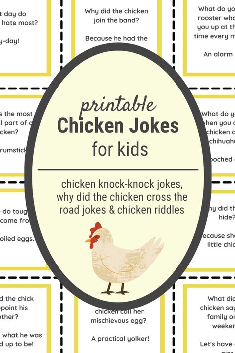 Chicken Jokes!!! All your favorite silly jokes about chickens in one place. Kids & grown-ups can read them here or print them out for later. Chicken Games For Kids, Chicken Jokes Hilarious, Chicken Activities For Kids, Chicken Journal, Egg Jokes, Chicken Activities, Farm Anatomy, Spring Jokes, Swim Banquet