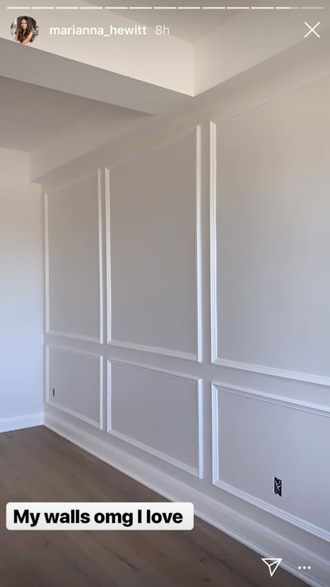 Great Room Wall Trim, Wall Moulding With Pictures, Wall Trim Bedroom Ideas, Wainscoting Modern Ideas, Accent Wall Moulding Ideas, Modern Living Room Panelling, Floating Shelves Accent Wall, White Panelled Wall, Modern Farmhouse Wainscoting