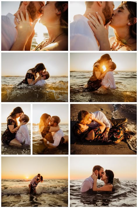 Couple Poses In Water, Beach Water Photoshoot, Intimate Prewedding, Sunset Beach Pics Photo Ideas, Engagement Photos By Water, Water Engagement Pictures, Beach Photoshoot Ideas Couples, Couples Beach Photoshoot Romantic, Engagement Photo Water