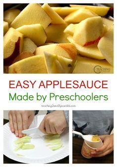 Easy Applesauce Recipe for Kids - a fun cooking activity for preschoolers at home or in the classroom. A delicious fall snack! From Teaching 2 and 3 Year Olds Preschool Cooking Activities, Easy Applesauce, Cooking With Toddlers, Preschool Cooking, Applesauce Recipe, Cooking Theme, Cooking In The Classroom, Apple Preschool, Recipe For Kids