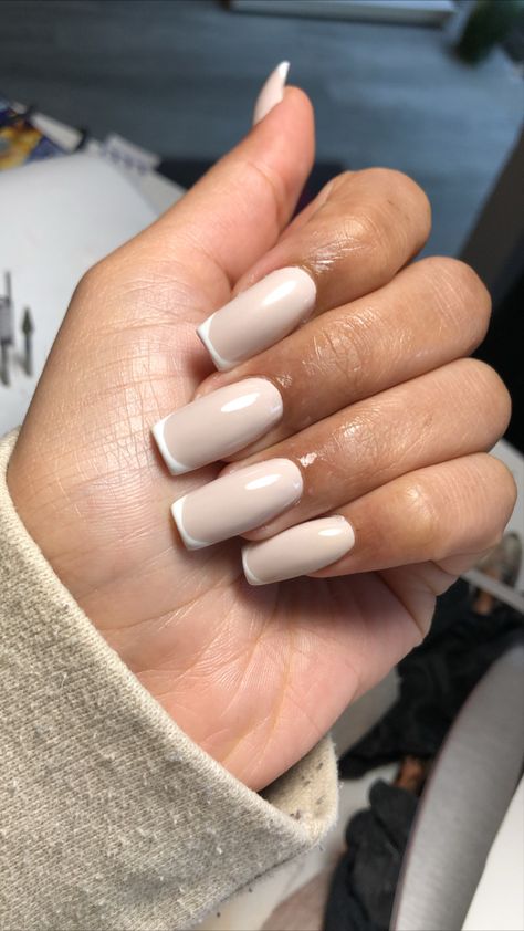 Beige Nails With White Tips, Tan Nails With White Tips, Tan Nails White Tip, Tan White Nails, Tan French Tip, Tan And White Nails, Tan Nails, White Tip Nails, White Tips