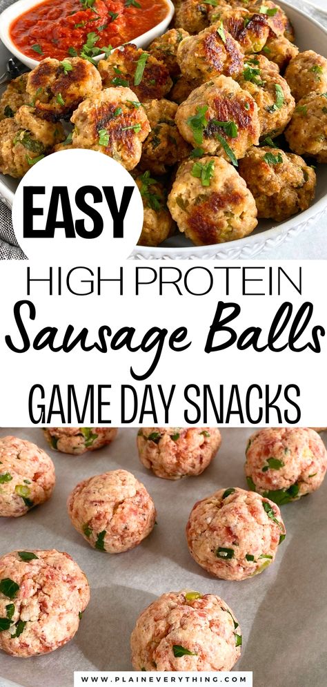 Easy Sausage Balls | High Protein Game Day Snack Sausage Egg And Cheese Protein Balls, Sausage Protein Balls, Protein Football Snacks, Healthy Snacks Football Party, Healthy Snacks For Husband, High Protein Christmas Appetizers, High Protein Tailgate Food, Protein Game Day Snacks, Easy High Protein Appetizers