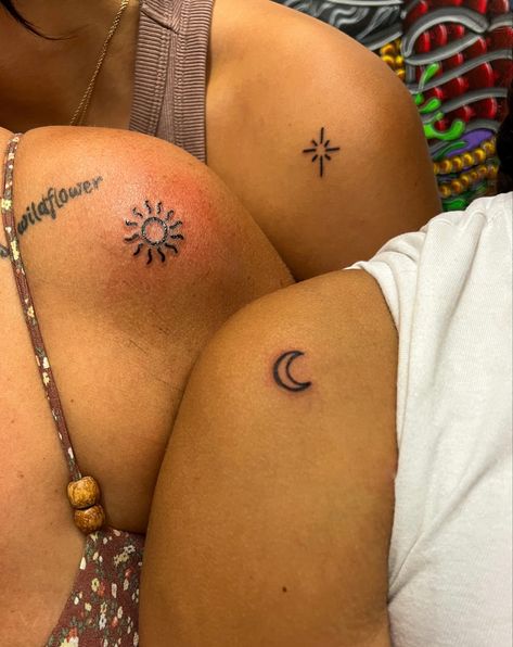 Tattoo Ideas Matching For 3, 3 Group Tattoo Ideas, Small Tattoos Hidden Places, Trio Henna Tattoos, Matching Tattoos Women, 3 Tattoos Matching, Matching Tats Best Friends, Sun Moon And Stars Tattoo Best Friends, 1x1 Tattoo Ideas