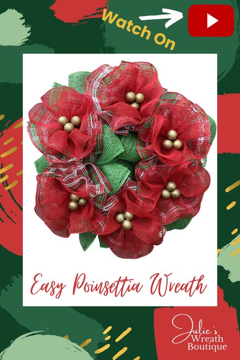 Christmas is right around the corner and it's the perfect time to start working on your Christmas decor. This poinsettia wreath is just the touch for your front door! Julie shows you step by step how to create this beautiful poinsettia wreath. This youtube tutorial is easy to follow and it's the only poinsettia you won't have to water during the season.
#Christmaswreath #frontdoorwreath #poinsettia #meshwreath #youtubetutorial #julieswreathboutique Poinsettia Decorating Ideas, Poinsettia Wreath Tutorial, Making Mesh Wreaths, Etsy Wreaths, Deco Mesh Wreaths Diy, Holiday Wreaths Diy, Poinsettia Wreath, Wreaths For Sale, Winter Wreaths