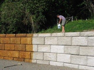 Acid Staining is a fantastic option for permanent, easy to maintain color. Find out more about how it's done from the customer himself. Easy as 1,2,3 with expert help and quality products from Direct Colors! #retainingwalls #acidstainconcrete #landscapingideas Concrete Block Retaining Wall, Wall Stains, Concrete Block Walls, Cinder Block Garden, Cinder Block Walls, Acid Stained Concrete, Concrete Retaining Walls, Wall Outdoor, Stone Retaining Wall