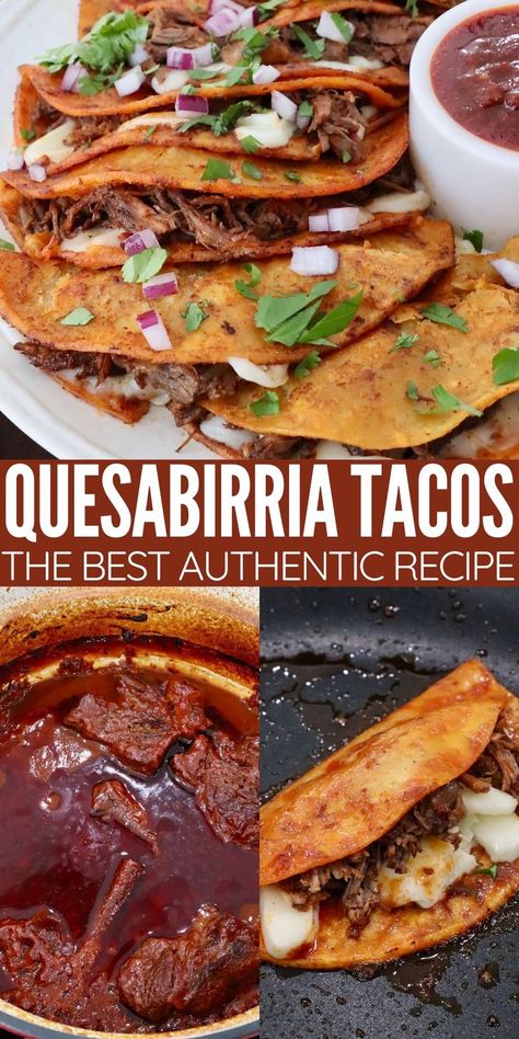 quesabirria tacos on plate and in skillet, prepared birria beef in broth in a large pot Authentic Quesabirria Tacos Recipe, Birria Lasagna, Birra Taco, Quesabirria Tacos Recipe, Birria Meat, Mexican Birria, Birria Tacos Recipe, Quesabirria Tacos, Authentic Mexican Tacos