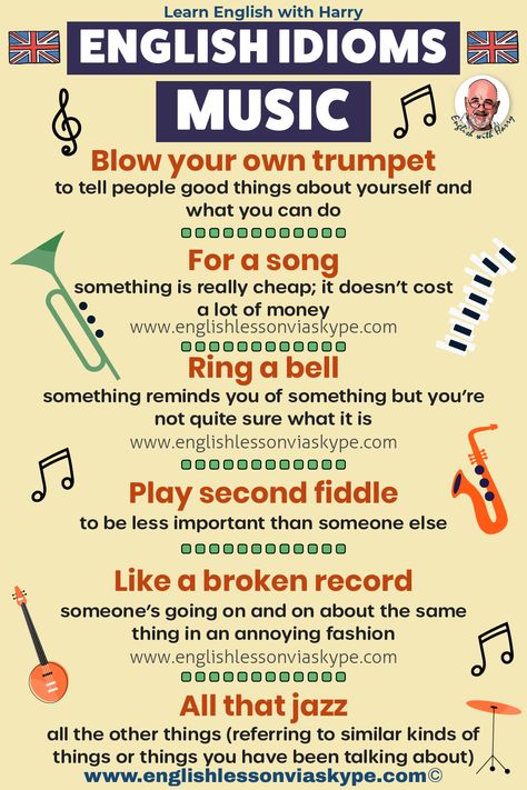 Idioms About Music, Music Vocabulary Words, English Music, Good Idioms, Music Vocabulary, Vocabulary Sentences, Idioms And Proverbs, Study English Language, English Phrases Idioms