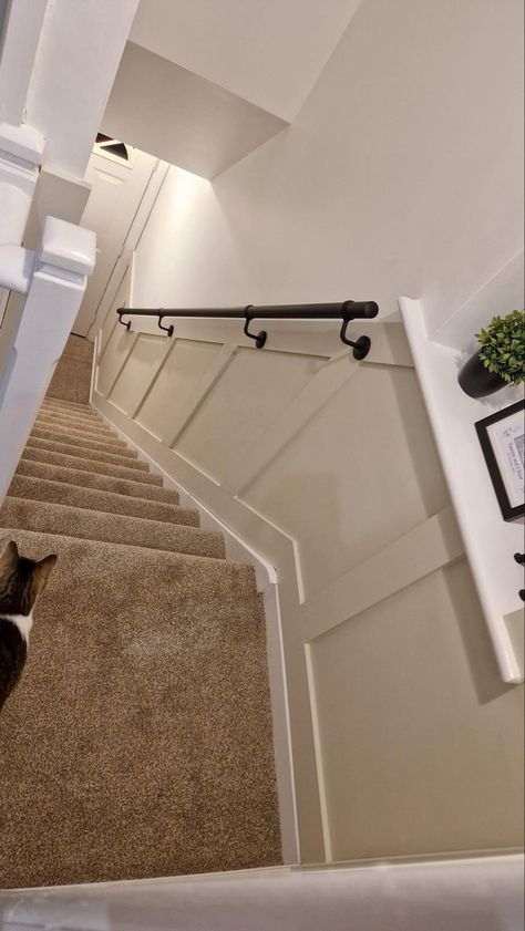 Panel Wall Staircase, Egyptian Cotton Staircase, Panelled Staircase With Handrail, Stairs Wood Panelling, Wall Bannister Ideas, Panelling With Handrail, Hallway Panelling Stairs, Stairway Paneling With Handrail, Panelled Walls Hallway Staircases