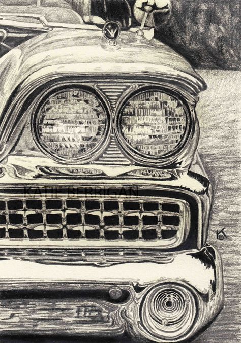 Chrysler imperial / vintage car/ graphite pencil drawing www.kberriganart.com Vintage Vehicles Drawing, Vintage Car Posters Illustration, 50s Car Drawing, Cool Car Drawings Pencil, Classic Car Sketch, Vintage Car Drawing Pencil, Old Car Sketch, Car Sketch Pencil, Vintage Cars Drawing