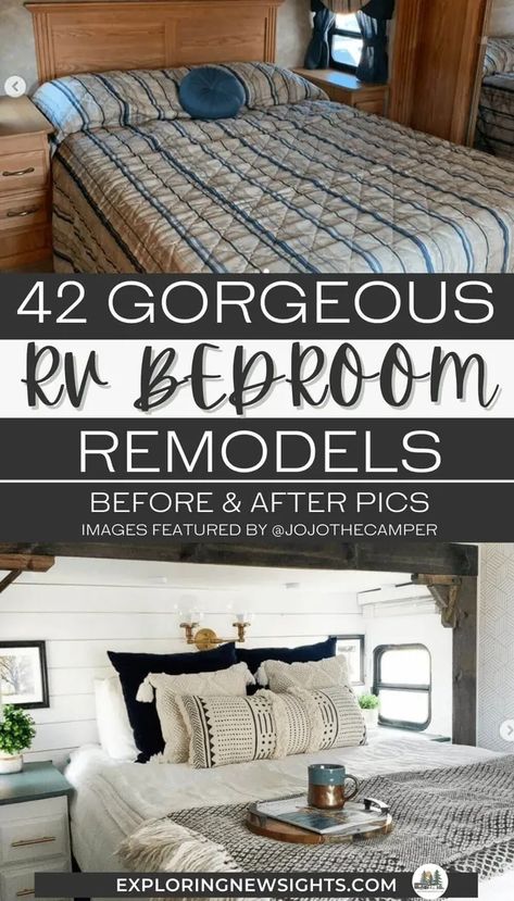 Remodeled Rv Bedroom, Rv Cupboard Makeover, Motor Home Bedding, Fifth Wheel Master Remodel, Rv Camper Bedroom Makeover, Renovated Rv Bedroom, Bedroom Rv Ideas, Remodeled Camper Bedroom, Rv Comforter Ideas