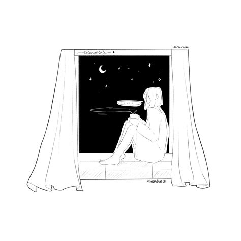 Night Sky Sketch, Bday Drawings, Moon Selenophile, Stargazing Drawing, Stargazing Tattoo, Coffee Night, Night Person, Window Drawing, Person Drawing