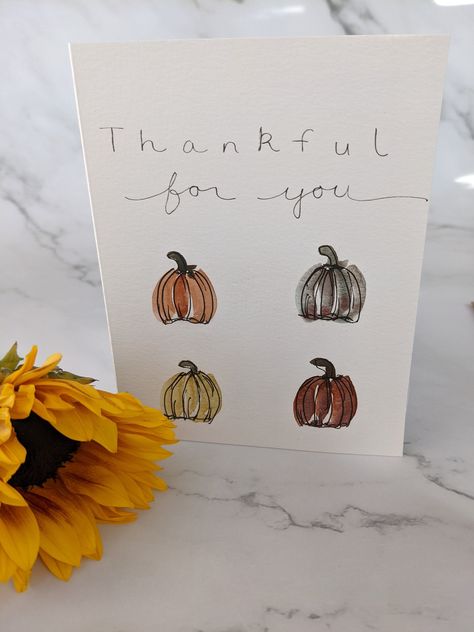 Tell your family and friends how thankful you are for them this fall with these handmade cards.  Details: *Folded card size: approx. 4 ¼ x 5 ½ inches - an A2 envelope is included for each card purchased *Each card is blank inside with plenty of room for a personalized message.  *The back is stamped with my logo, social media handle, and Etsy shop URL. Note: Since each card is hand painted with watercolors, each one will be slightly different, adding to its beauty and uniqueness. These cards ARE NOT prints.   Thank you for taking the time to stop by my shop. If you have any questions, please send me a message. I'd love to hear from you and help you find the perfect card.  All cards are designed and hand painted with love in my studio.  From my heart to yours, Tynea Thank You Card Painting, Everyday Cards Handmade, Thanksgiving Greeting Cards Handmade, Stampin Up Pumpkin Cards, Homemade Fall Cards, Fall Homemade Cards, Watercolor Thank You Cards Diy Handmade, Thank You Watercolor, Simple Fall Watercolor