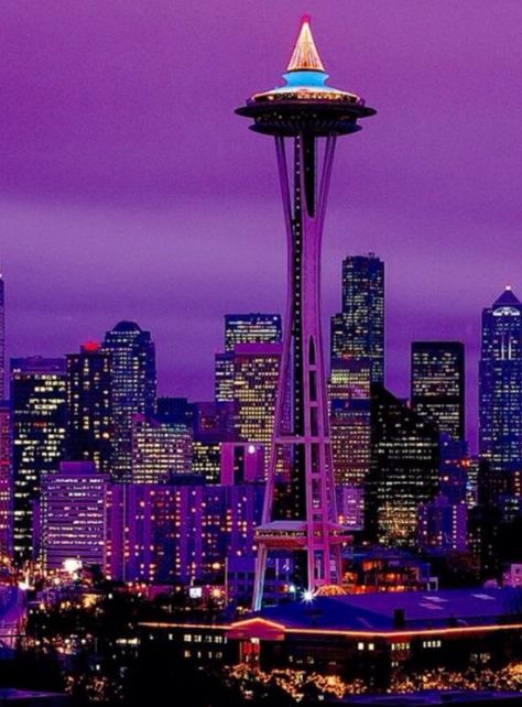 My city 💜 Seattle Wallpaper, Purple City, Christmas Aesthetic Wallpaper, Bedroom Wall Collage, City Scapes, Purple Wall, Dark Purple Aesthetic, Western Wallpaper, Everything Purple